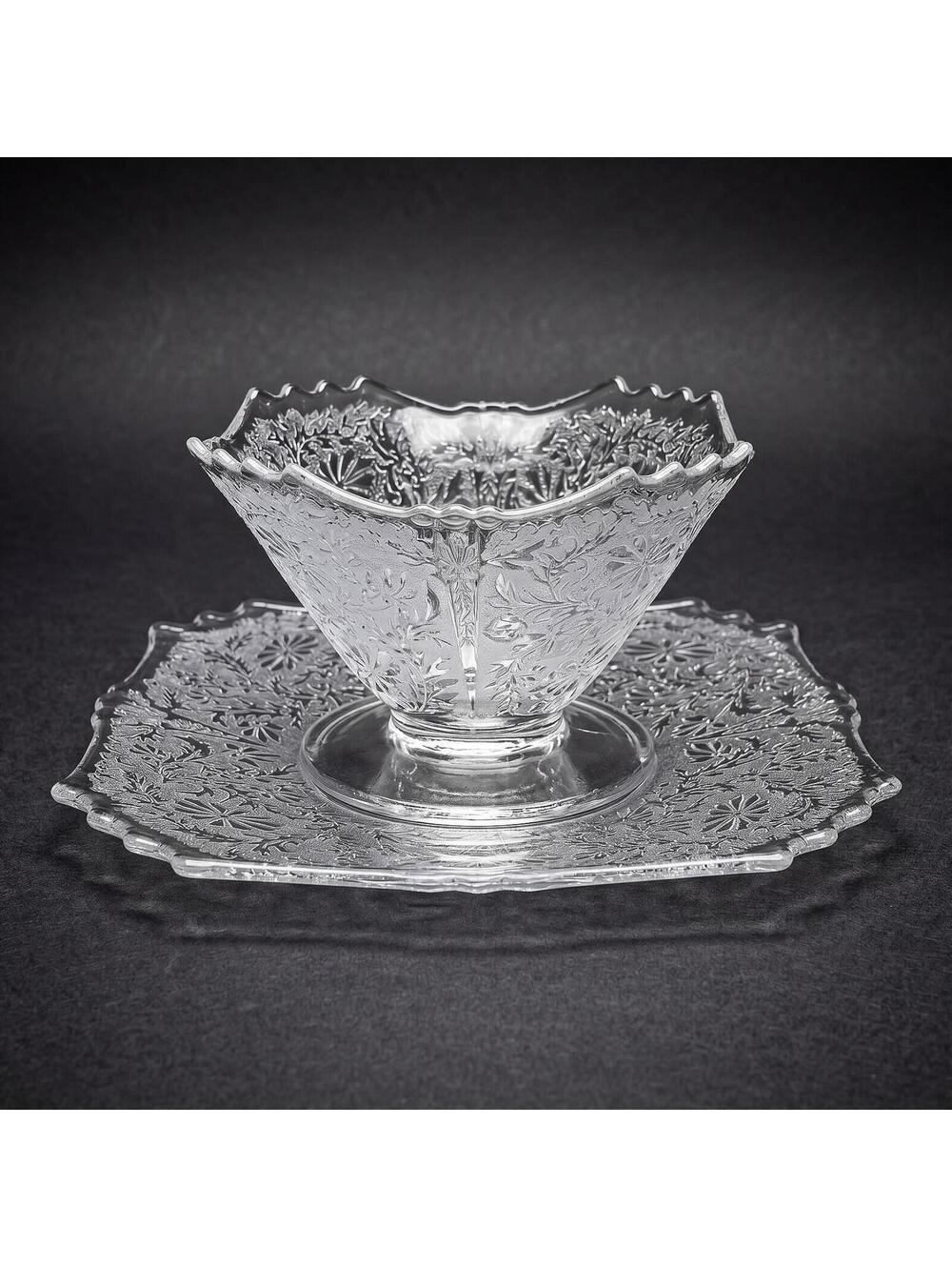 Vintage Cambridge Wildflower Clear Glass Pedestal Bowl & Underplate - Set